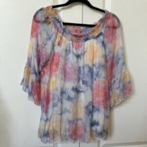 Angela Moda Silk Blouse Womens L Floral Off Shoulder Boho Made in Italy